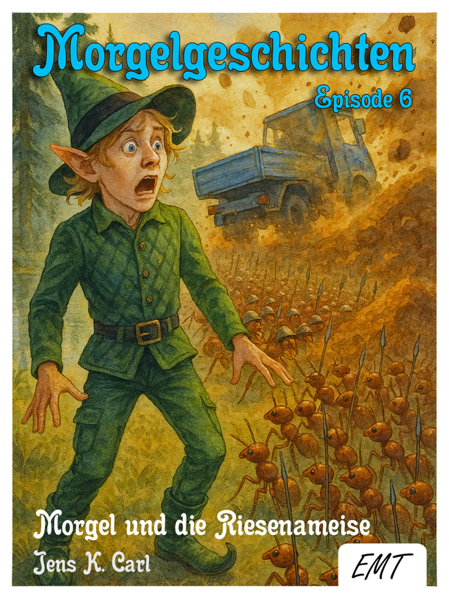 Bildinhalt: Morgelgeschichte 6 - Morgel und die Riesenameise - Das Cover zeigt den Waldkobold Morgel, wie er entdeckt, dass eine Riesenameise, oder besser gesagt ein Transporter, durch das Gebiet des Quelltalameisenbaus rast und die Ameisen in Aufruhr bringt.