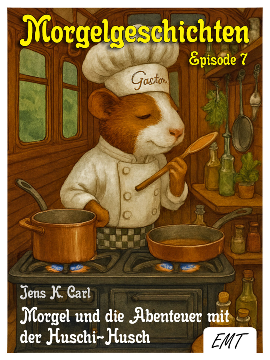 Bildinhalt: Morgelgeschichte 7 - Morgel und die Abenteuer mit der Huschi-Husch - Das Cover zeigt den Zauberer und Meisterkoch Gaston in seinen Küche im Innenraum der Huschi-Husch, auch Morgelwaldbahn genannt. Gaston ist ein Meerschweinchen, mal groß, mal klein. Er kann seine Größe seinem gegenüber anpassen.