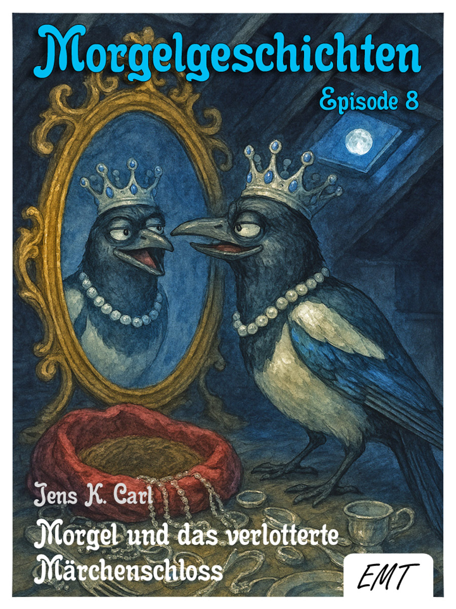 Bildinhalt: Morgelgeschichte 8 - Morgel und das verlotterte Märchenschloss - Das Cover zeigt Gloria I. vom Heßwinkjelhof mit Krone und Perlenkette behangen auf dem Dachboden des Schlosses Reinhardsbrunn. Sie betrachtet sich in einem barocken Spiegel. Um sie herum liegen vielerlei goldene und silberne Teilchen und Schmuck umher. Durch das Dachfenster scheinder Vollmond.