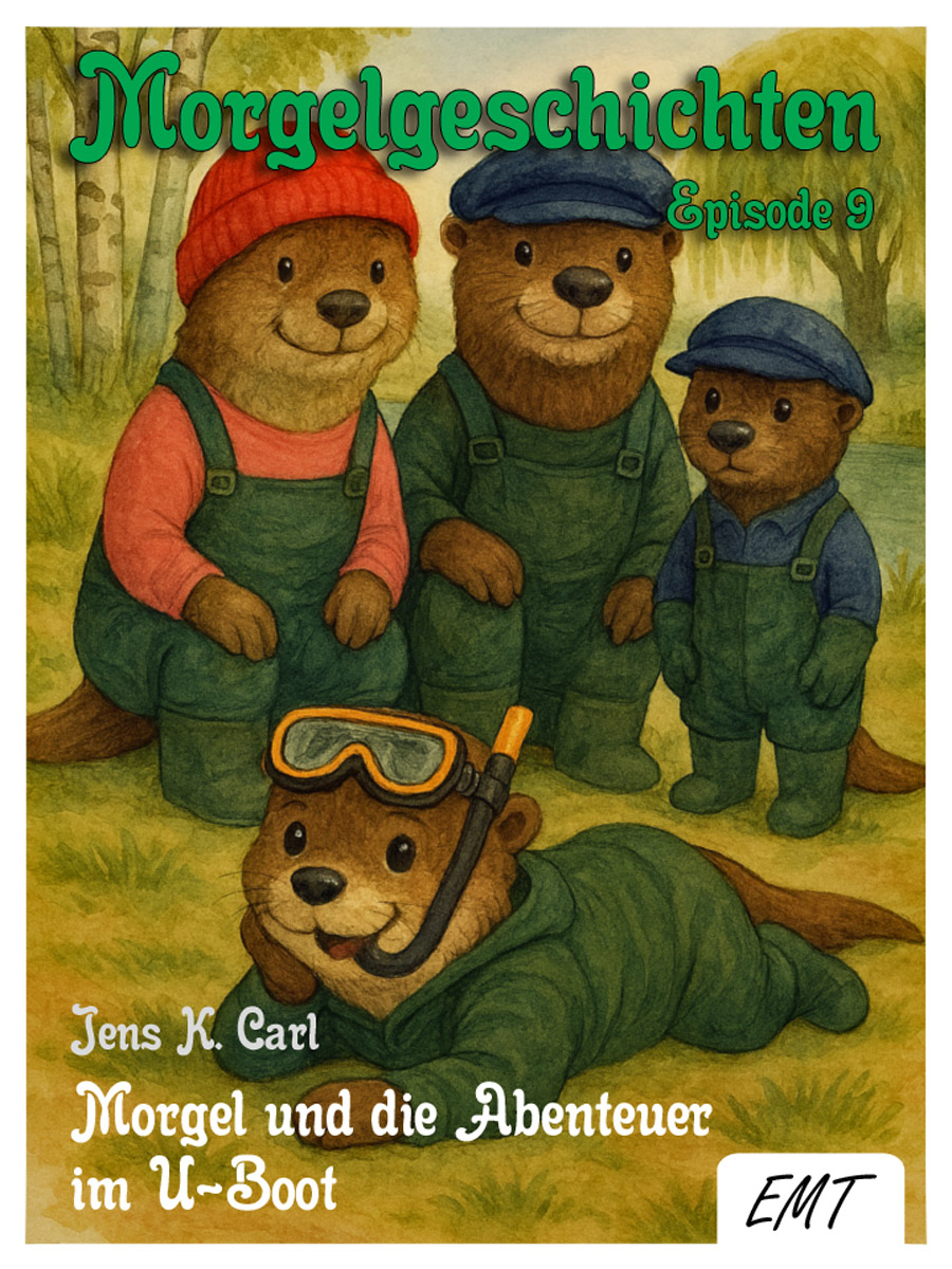 Bildinhalt: Morgelgeschichte 9 - Morgel und das verlotterte Märchenschloss - Das Cover zeigt die Otterbachs. Eine Otterfamilie, die am Otterbachsteich im Morgelwald lebt. Vater Otto, Mutter Ottilie, Eddy, den großen Sohn, und Ottokar den kleinen. Im Hintergrund ist der Teich zu sehen umrandet von Birken- und Weidenbäumen.