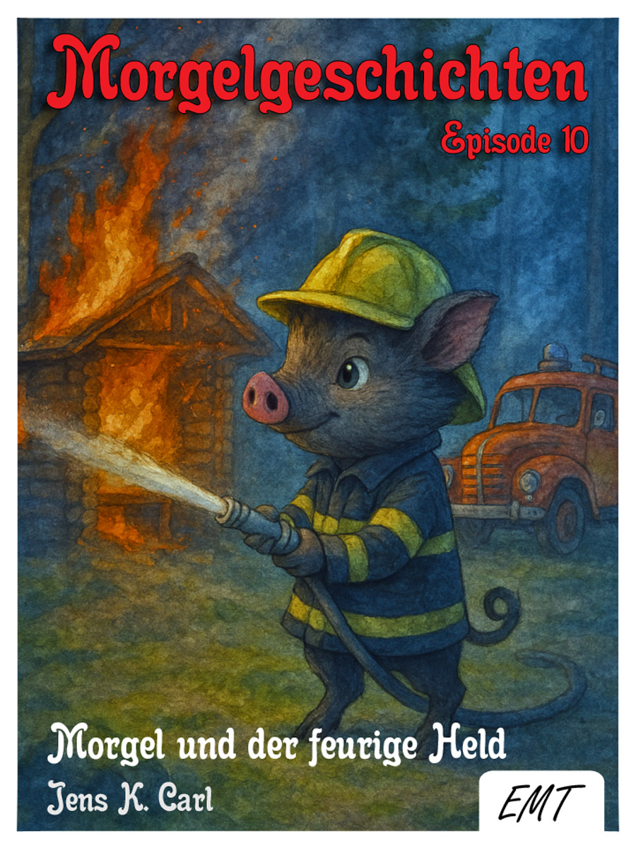 Bildinhalt: Morgelgeschichte 10 - Morgel und der feurige Held - Das Cover zeigt Ken, das Feuerwehrschwein, beim Löschen der Schutzhütte am Komstkochsteich.