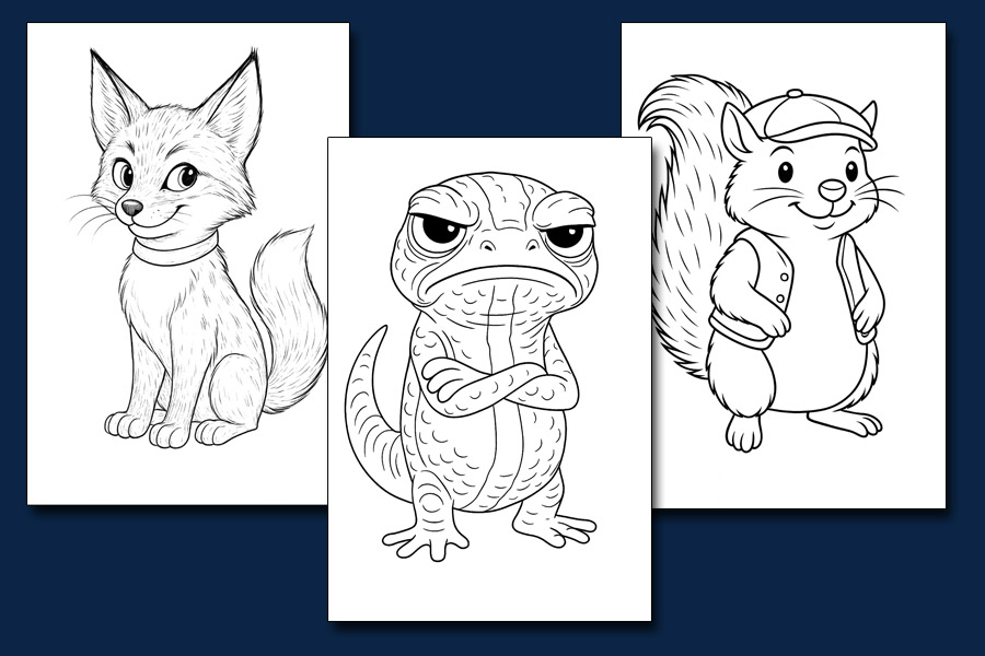 Bildinhalt: Morgelgeschichte Ausmalbuch 1 - Drei Musterbeispiele: Fuchs Lothar vom Hocksloch, Molch adalbert und Eichhörnchen Yammy.