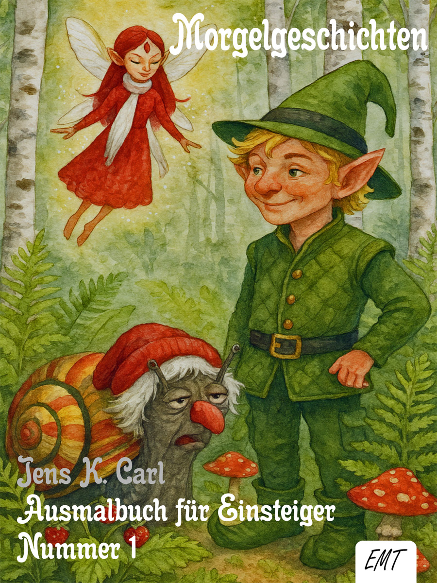 Bildinhalt: Morgelgeschichte Ausmalbuch 1 - Das Cover zeigt Morgel zusammen mir Waldfee Reguina und Riesenschnecke Kunigunde im Birkenwäldchen.