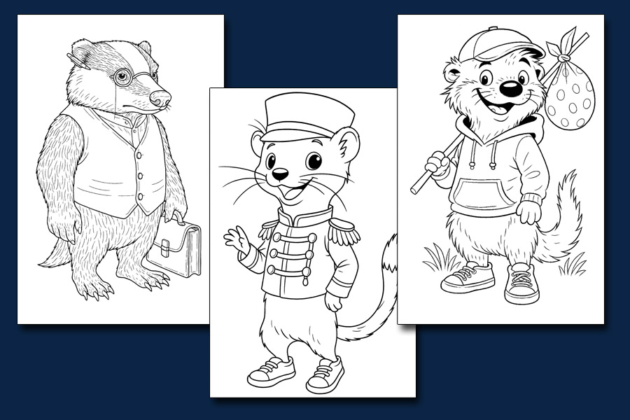 Bildinhalt: Morgelgeschichte Ausmalbuch 2 - Drei Musterbeispiele: Lehrer Dachs, Wiesel Enno und Otter Eddy.