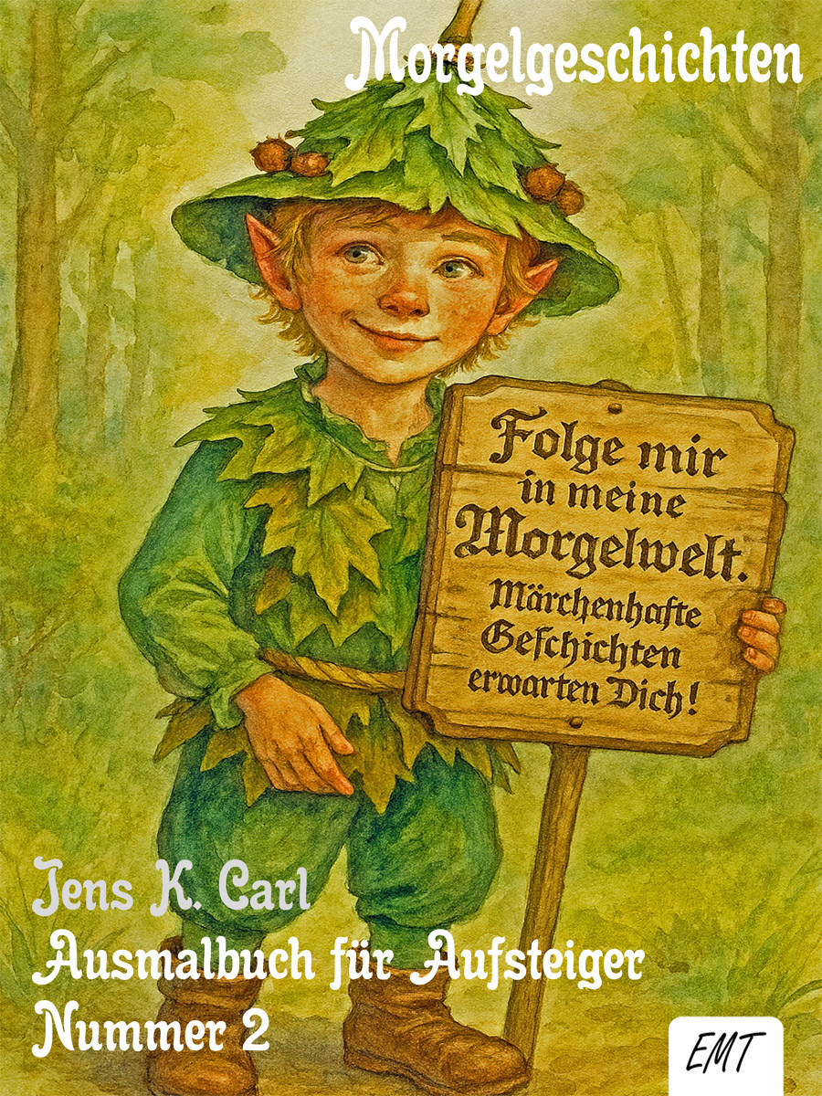 Bildinhalt: Morgelgeschichte Ausmalbuch 2 - Das Cover zeigt Munk Orgu-Telas mit einem Schils auf den steht: Folge mir in meine Morgelwelt. Märchenhafte Geschichten erwarten Dich!