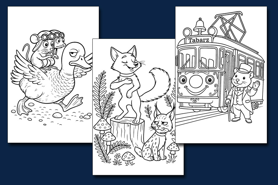 Bildinhalt: Morgelgeschichte Ausmalbuch 3 - Drei Musterbeispiele: Stockente Gustav mit den Mäusen Mio und Pio, Lothar vom Hocksloch und Luchsin Lava sowie Meerschweinchen Gaston und die Straßenbahn Huschi-Husch.