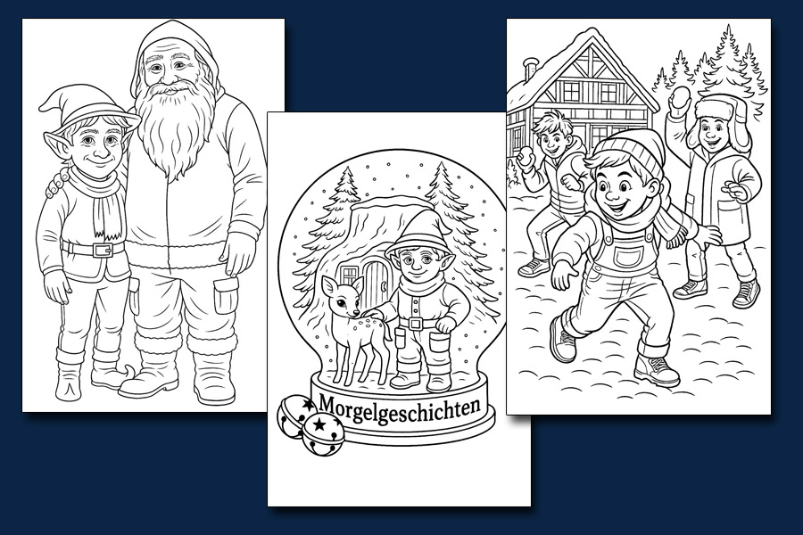 Bildinhalt: Morgelgeschichte Ausmalbuch 4 - Drei Musterbeispiele: Der Weihnachtsmann und der Morgel, Der Morgel und das Rehkitz in einer Schneekugel, Leo, Jan und Tim machen eine Schneeballschlacht.