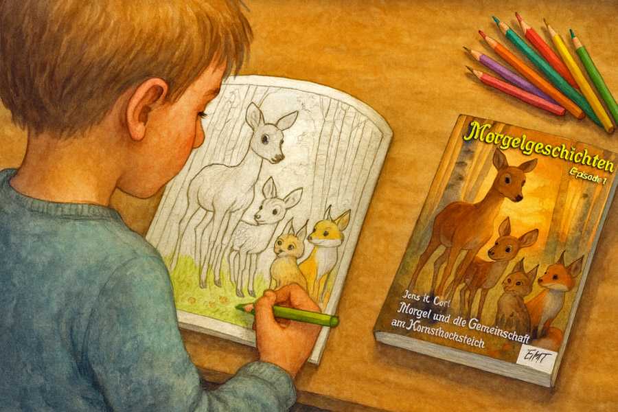 Bildinhalt: Morgelgeschichten - Malvorlagen - Ein junge malt die Malvorlage des Covers des Taschenbuches Morgel und die Gemeinschaft am Komstkochsteich aus. Das Buch liegt neben ihm auf dem Tisch.