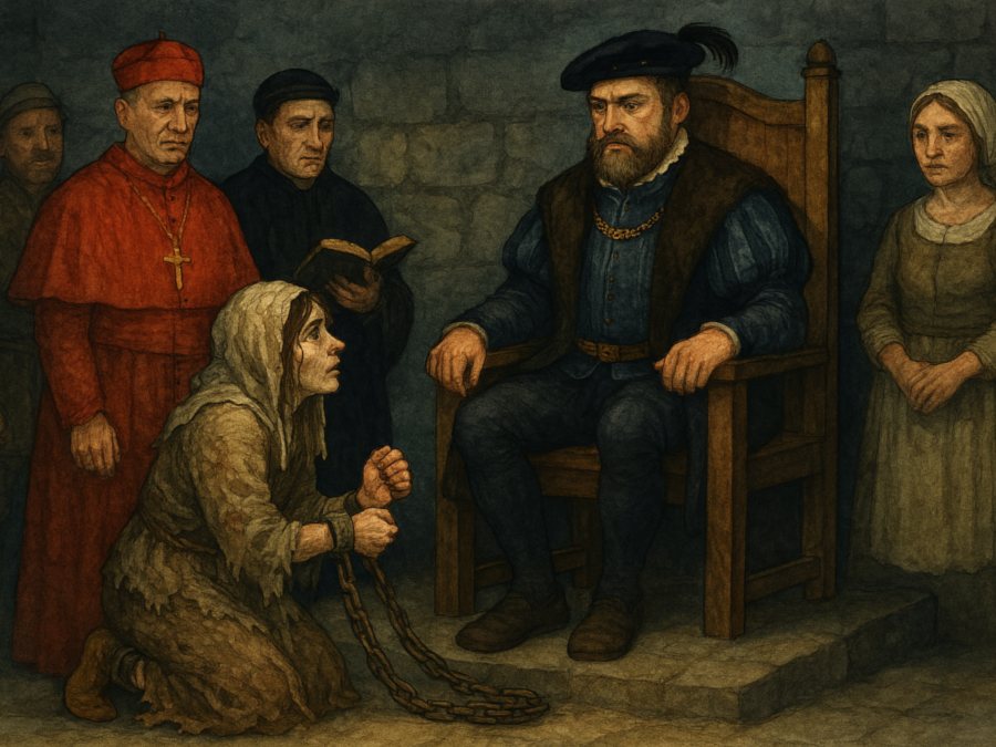 Bildinhalt: Sagen und Legenden - Die weiße Frau vom Tenneberg - Anna von Cleve vor der Inquisition im Schloss Tenneberg zu Waltershausen. Der Herzog von Sachsen führt die Verhandlung. Ein Kardinal und ein Pfaffe sind anwesend.