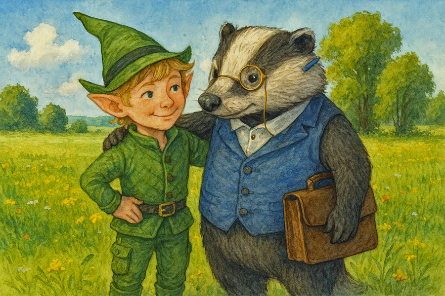 Bildinhalt: Morgelgeschichte 2 - Morgel und die Abenteuer in der Waldschule - Das Titelbild zeigt den Waldkobold Morgel und den Lehrer Dachs an einem sonnigen Morgen freundschaftlich verbunden auf dem Weg zur Waldschule. Im Hintergrund ist eine grüne Blumenwiese zu sehen.
