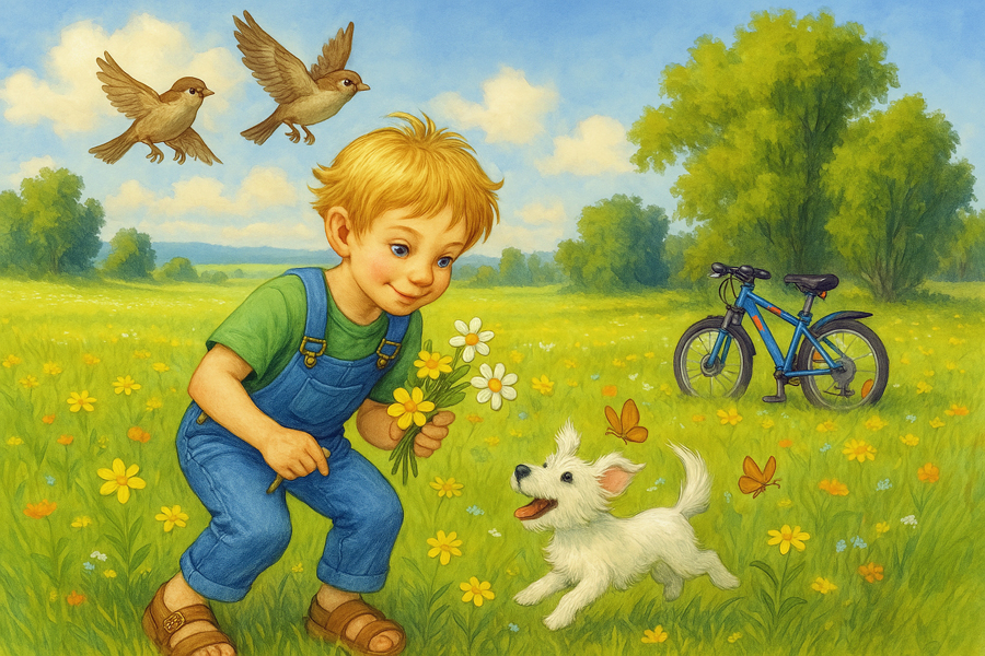 Bildinhalt: Morgelgeschichte 2 - Morgel und die Waldfee - Das Titelbild zeigt das Waisenkind Tim beim Blumen pflücken. Sein Hund Paschinka fängt Schmetterlinge und am Himmel fliegen zwei Sperlinge umher.