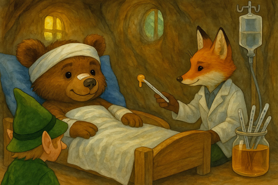 Bildinhalt: Morgelgeschichte 4 - Morgel und der kleine Zirkusbär - Das Titelbild zeigt den kleinen Zirkusbären Dinco im Krankenbett in der Tierarztpraxis des Doktors Freund. Der Fuchs Lothar vom Hocksloch kümmert sich um Dinco und möchte Fiebermessen.