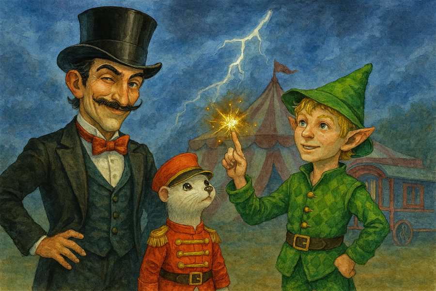 Bildinhalt: Morgelgeschichte 4 - Morgel und der Möchtegernzauberer - Das Titelbild zeigt den windigen Salbuistini zusammen mit dem Waldkobold Morgel und dem Wiesel Enno. Zwischen den beiden Zauberern knistert es. Im Hintergrund sind das Zirkuszelt und einige Zirkuswagen zu sehen. Es gewittert. 
