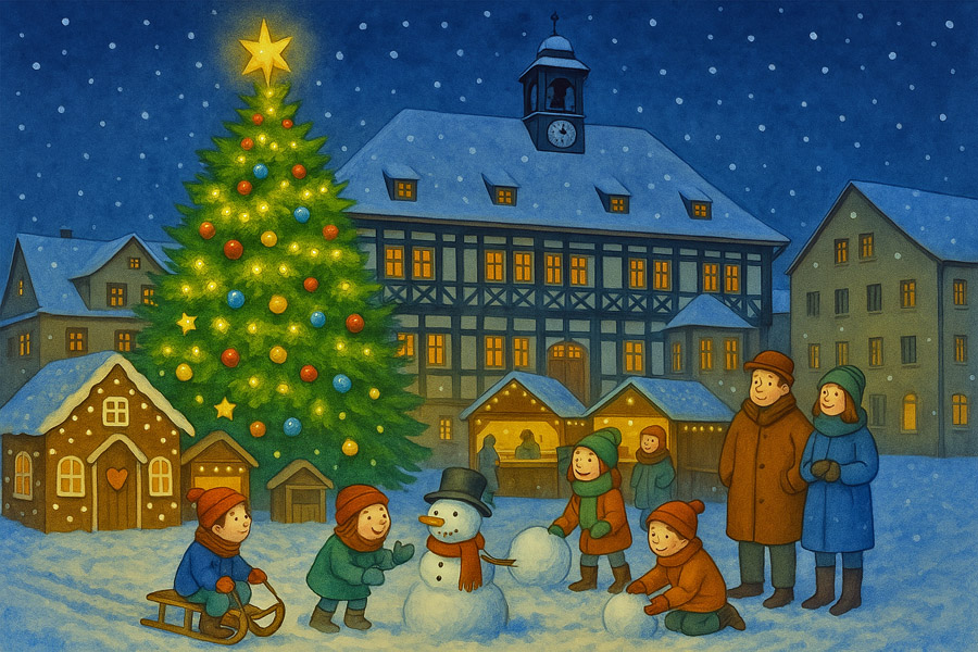 Bildinhalt: Morgelgeschichte 5 - Morgel und die eitle Albasol (Ein Weihnachtsmärchen) - Das Bild zeigt Albasol als Weihnachtsbaum auf dem Waltershäuser Marktplatz. Rundherum stehen weihnachtlich geschmückte Hütten und ein Pfefferkuchenhaus. Im Vordergrund bauen Kinder einen Schneemann und im Hintergrund ist das altehrwürdige Rathaus im Fachwerkstil zu sehen.