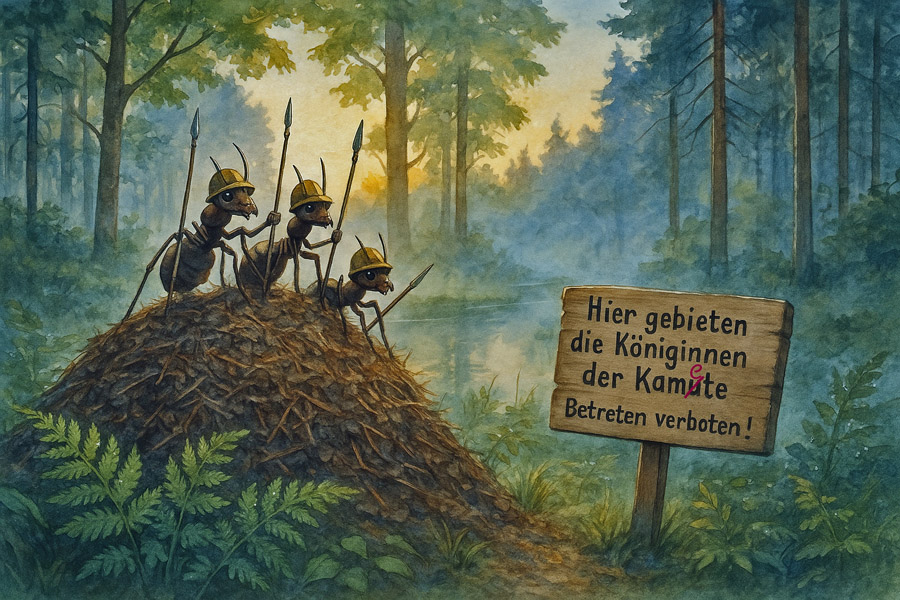 Bildinhalt: Morgelgeschichte 6 - Morgel und die Riesenameise - Das Titelbild zeigt drei Wächterinnen mit Helm und Speer bewaffnet auf einem Außenposten bei der morgendlichen Wache. Neben dem Erdhügel steht ein Holzschild mit der Aufschrift: ›Hier gebieten die Königinnen der Kamete. Betreten verboten!‹. Erste Sonnenstrahlen bahnen sich den Weg durch die Bäume. Nebelschwaden ziehen umher.