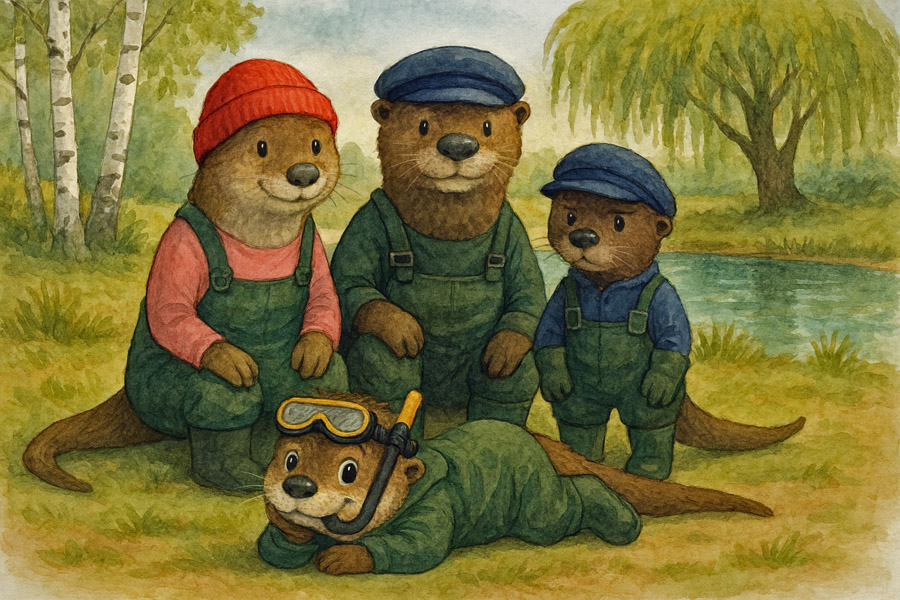 Bildinhalt: Morgelgeschichte 9 - Morgel und die Abenteuer im U-Boot - Das Cover zeigt die kleine Otterfamilie Otterbach vom Otterbachsteich. Ottilie, Otto, Eddy und den kleinen Ottokar.
