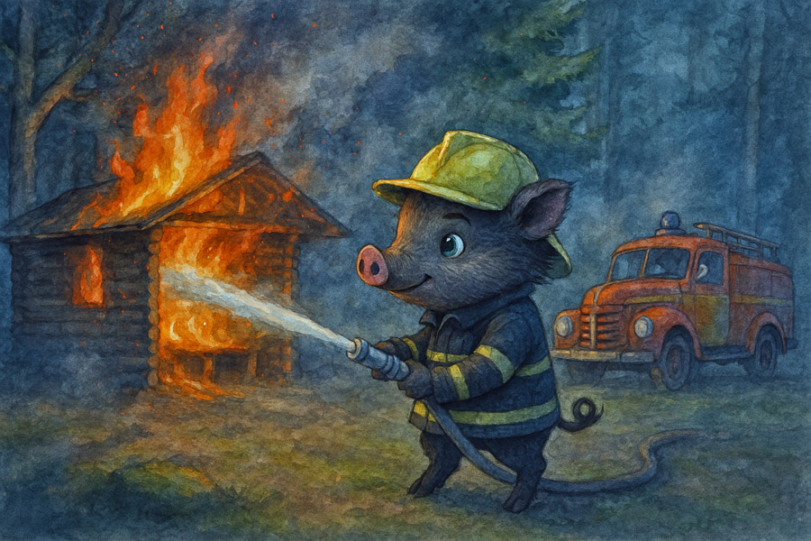 Bildinhalt: Morgelgeschichte 10 - Morgel und der feurige Held - Das Titelbild zeigt Ken, wie er als Feuerwehrschwein den Brand der Schutzhütte am Komstkochsteich löscht. Im Hintergrund steht ein nostalgisches Feuerwehrauto.