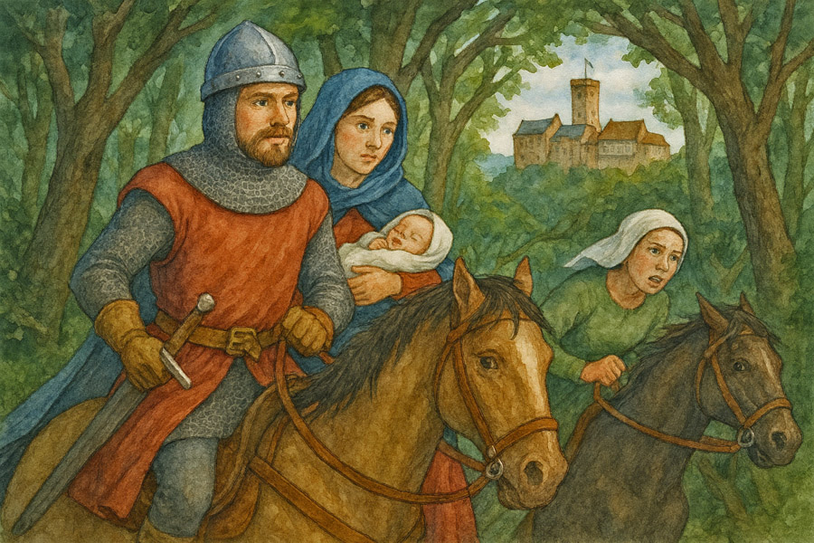 Bildinhalt: Sagen und Legenden - Ortwin, der junge Ritter - Der junge Ritter Ortwin führt Friedrich den Freidigen, seine Gemahlin Elisabeth samt Neugeborener, ebenfalls namens Elisabeth, und die Amme Martha zur Burg Tenneberg. Im Hintergrund ist die Wartburg zu sehen.
