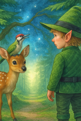 Bild 53 - Morgel mit dem Rehkitz und Specht Gunther unter den Weißtannen Albasol und Albamon