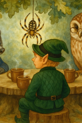 Bild 54 - Der Ältestenrat, Lehrer Dachs, Kreuzspinne Esmeralda, Waldkauz Schröder und der Waldkobold Morgel