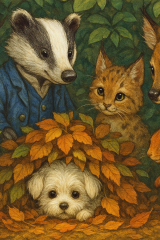 Bild 55 - Lehrer Dachs, Antony vom Leinetal und die Tierkinder entdecken Paschinka unter dem Laub