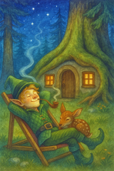 Bild 60 - Waldkobold Morgel und Rehkitz im Liegestuhl vor der Wurzelhöhle