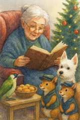 Bild 69 - Oma Hildegard liest Weihnachtsmärchen vor. Antony vom Leinetal, Gunther und die Eichhörnchengeschwister Tammy und Yammy lauschen.