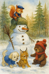 Bild 72 - Die Tierkinder bauen einen Schneemann.