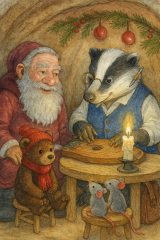 Bild 78 - Lehrer Dachs spielt Zither in der Weihnachtsstube. Der Weihnachtsmann, Dinco, Mio und Pio lauschen gespannt.