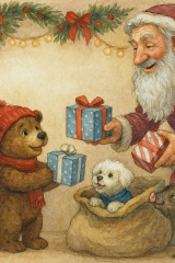 Bild 79 - Der Weihnachtsmann und Morgel verteilen Geschenke an Dinco, Lava, Molli und Paschinka.