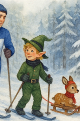 Bild 80 - Doktor Freund und Morgel laufen Ski im Winterwald. Dinco zieht das Rehkitz auf seinem Schlitten.