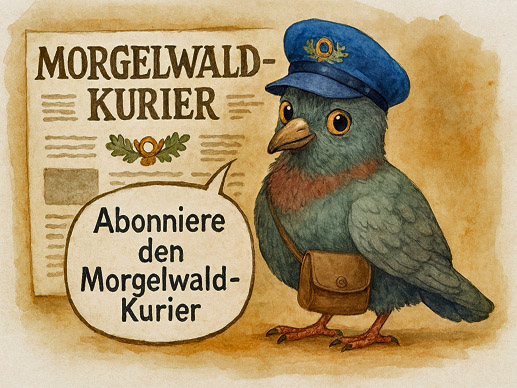 Bildinhalt: Morgelgeschichten von Jens k. Carl - Das Bild zeigt Flocke, die Posttaube vom Morgelwaldpostamt, die empfiehlt, den aktuellen Morgelwaldkurier zu abonnieren - Märchenhaftes-Thüringen.de