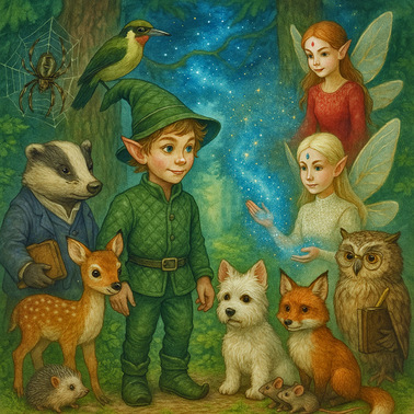 Bildinhalt: Morgelgeschichten von Jens k. Carl - Das Titelbild zeigt einige Mitglieder der Gemeinschaft am Komstkochsteich. Der Waldkobold Munk Orgu-Telas, den Lehrer Dachs, den Waldkauz Schröder, die Kreuzspinne Esmeralda, die Waldfeen Adele und Regina, den Fuchs Waldemar, die Mäuse Mio und Pio, den Hund Antony vom Leinetal, das Rehkitz und den Igel Stachel.